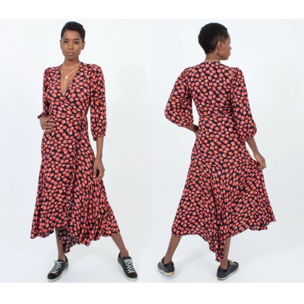 Ganni Lindale Red Flower Floral Print Crepe Wrap Dress Fall Great Condition